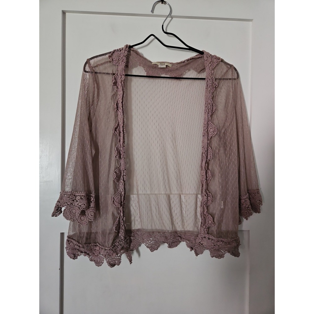 ISSI Sheer Crochet Trim Shrug | Mauve Boho Layering Top | Large